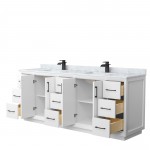 Strada 84" Double Vanity in White, White Carrara Marble Top, Sink, Black Trim