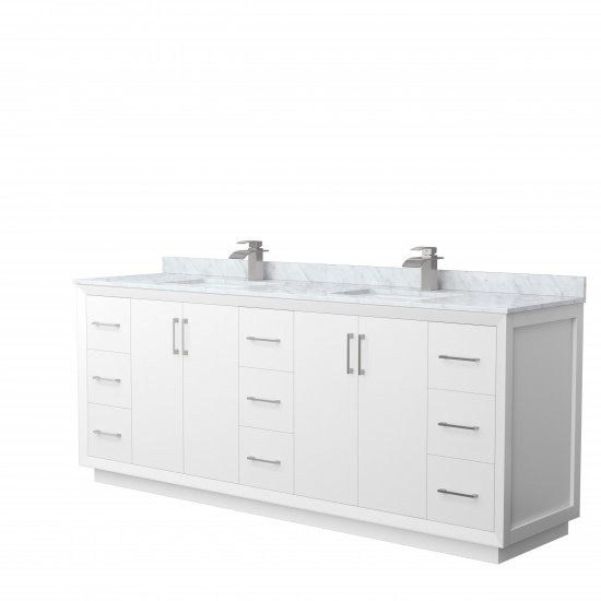 Strada 84" Double Vanity in White, White Carrara Marble Top, Sink, Nickel Trim