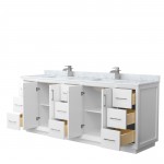 Strada 84" Double Vanity in White, White Carrara Marble Top, Sink, Nickel Trim