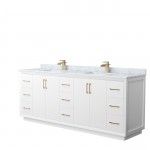 Strada 84" Double Vanity in White, White Carrara Marble Top, Sink, Bronze Trim