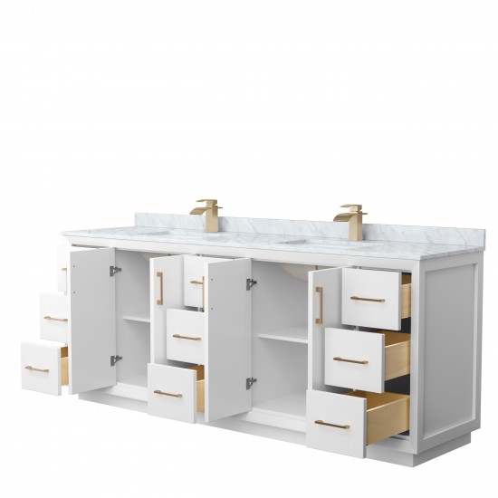 Strada 84" Double Vanity in White, White Carrara Marble Top, Sink, Bronze Trim