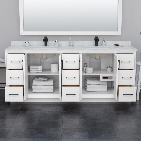 Strada 84" Double Vanity in White, White Carrara Marble Top, Sink, Bronze Trim