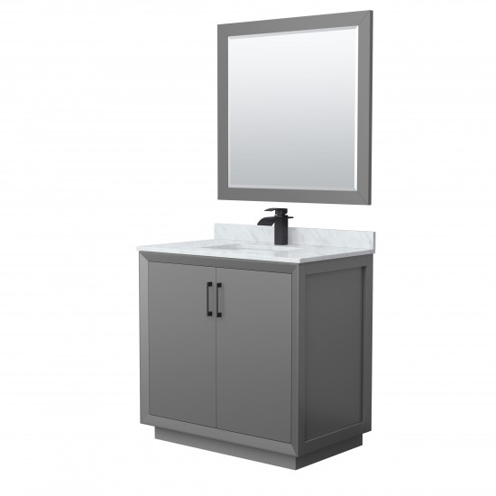 Strada 36" Single Vanity in Gray, Marble Top, Sink, Black Trim, 34" Mirror