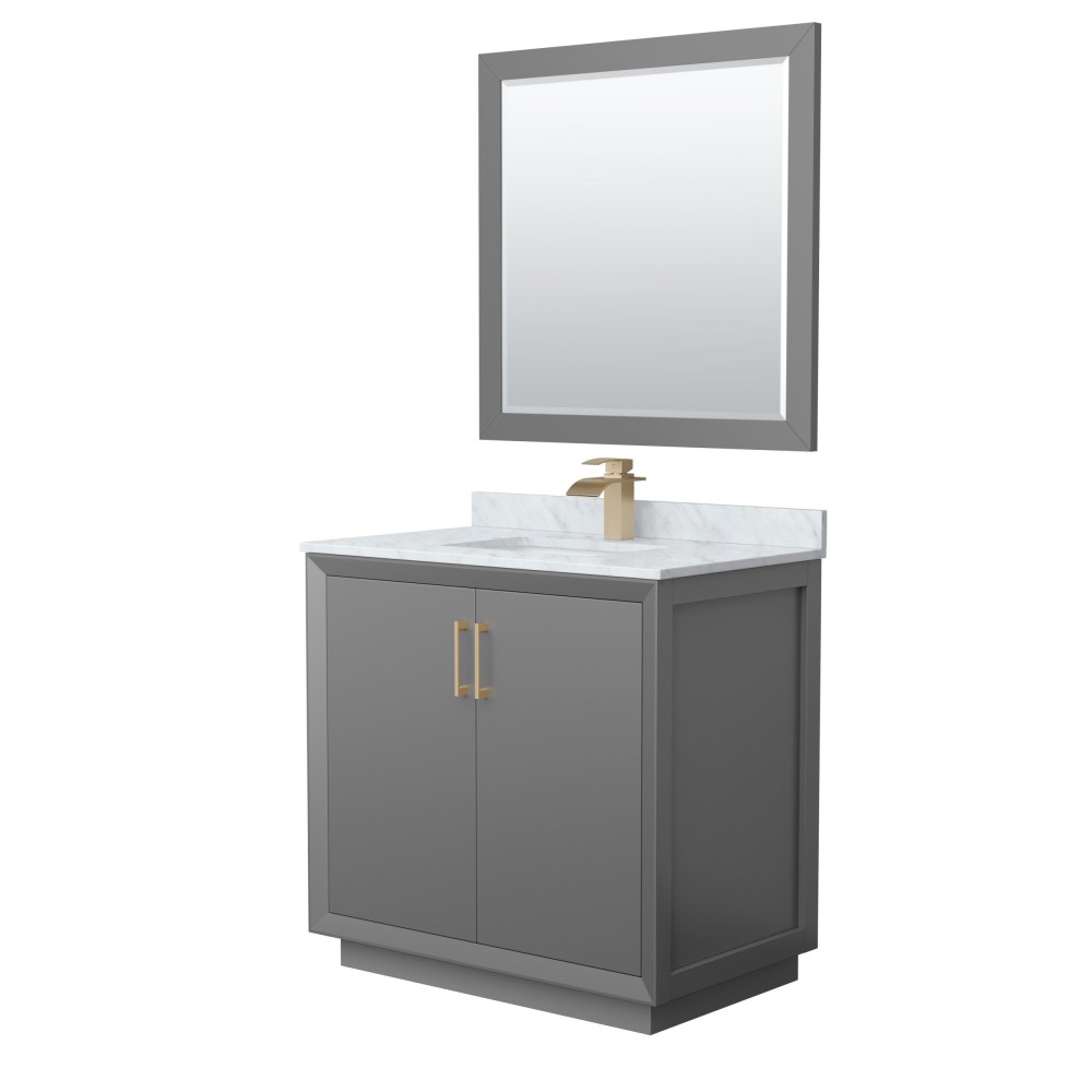 Strada 36" Single Vanity in Gray, Marble Top, Sink, Bronze Trim, 34" Mirror Strada 36" Single Vanity in Gray, Marble Top, Sink, Bronze Trim, 34" Mirror