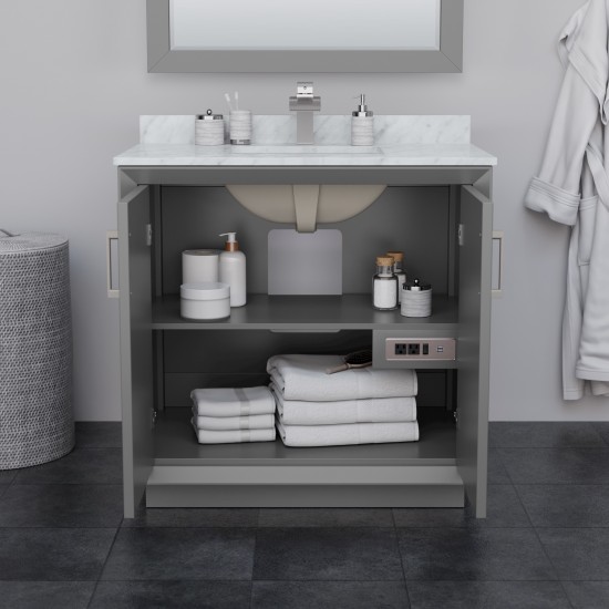 Strada 36" Single Vanity in Gray, Marble Top, Sink, Bronze Trim, 34" Mirror