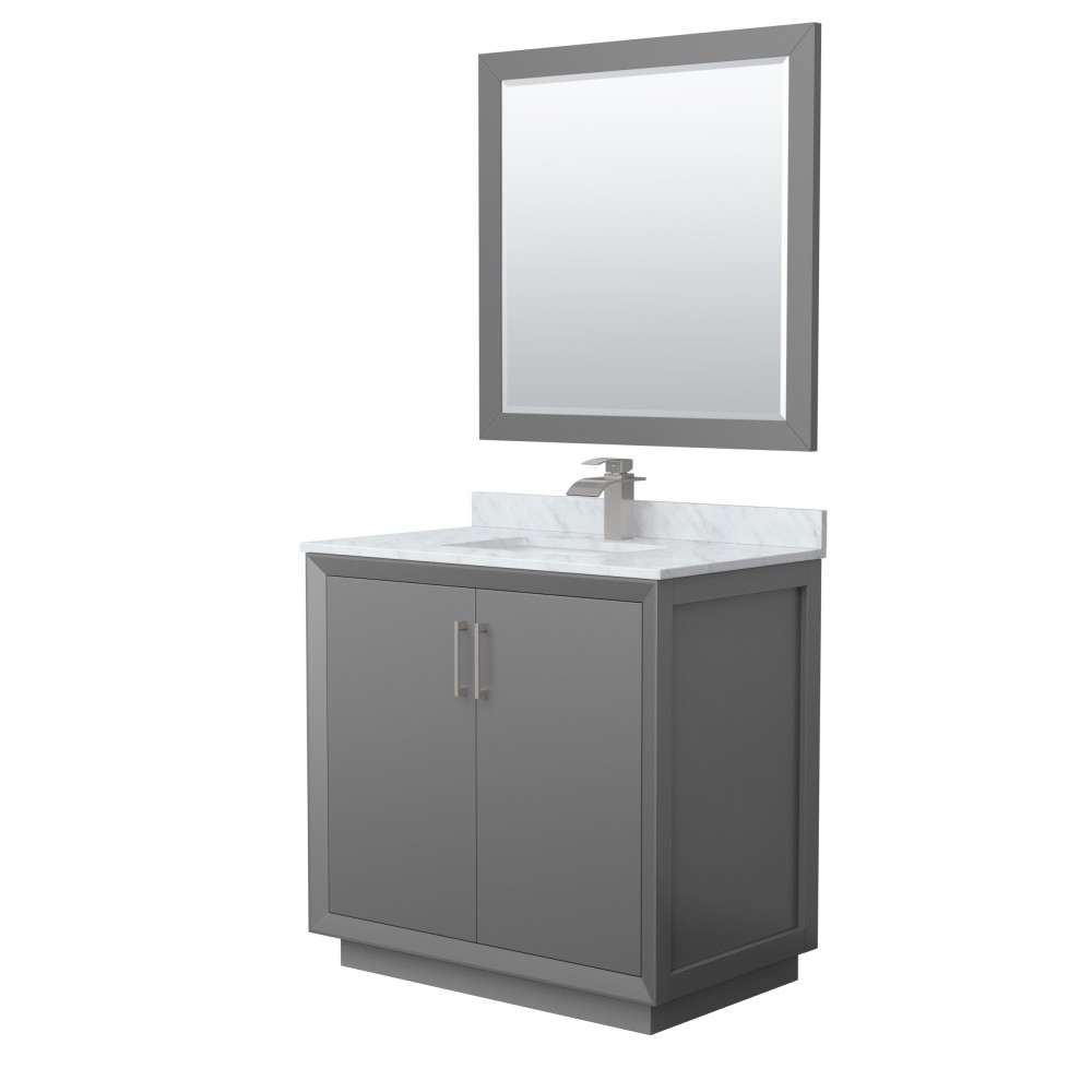 Strada 36" Single Vanity in Gray, Marble Top, Sink, Nickel Trim, 34" Mirror