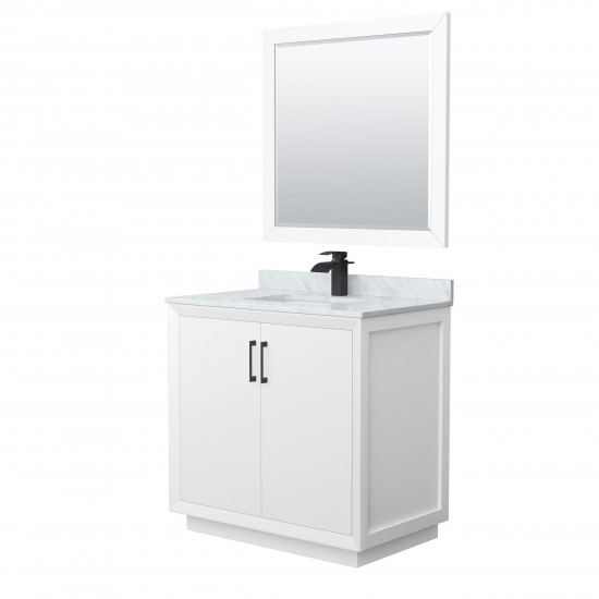 Strada 36" Single Vanity in White, Marble Top, Sink, Black Trim, 34" Mirror
