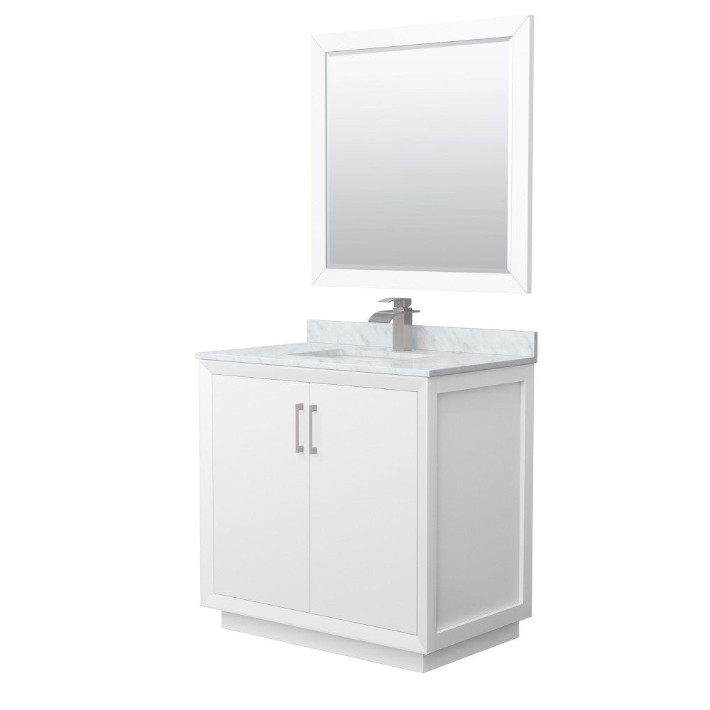 Strada 36" Single Vanity in White, Marble Top, Sink, Nickel Trim, 34" Mirror Strada 36" Single Vanity in White, Marble Top, Sink, Nickel Trim, 34" Mirror