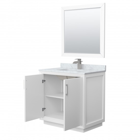 Strada 36" Single Vanity in White, Marble Top, Sink, Nickel Trim, 34" Mirror