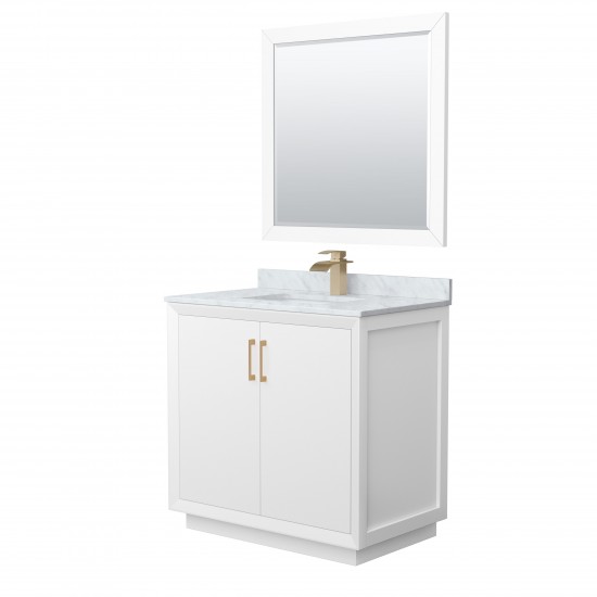 Strada 36" Single Vanity in White, Marble Top, Sink, Bronze Trim, 34" Mirror