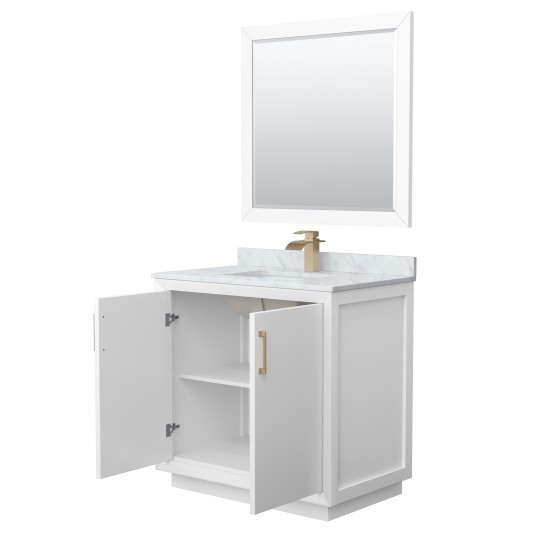 Strada 36" Single Vanity in White, Marble Top, Sink, Bronze Trim, 34" Mirror