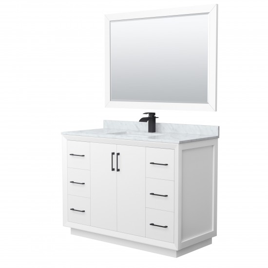 Strada 48" Single Vanity in White, Marble Top, Sink, Black Trim, 46" Mirror