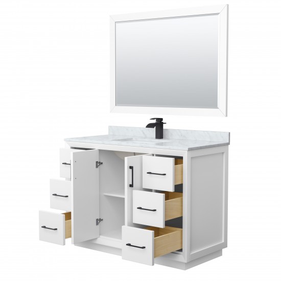 Strada 48" Single Vanity in White, Marble Top, Sink, Black Trim, 46" Mirror