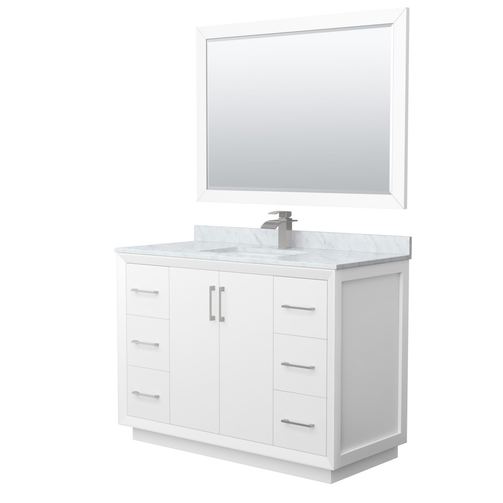 Strada 48" Single Vanity in White, Marble Top, Sink, Nickel Trim, 46" Mirror