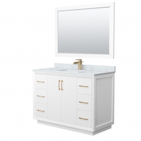 Strada 48" Single Vanity in White, Marble Top, Sink, Bronze Trim, 46" Mirror