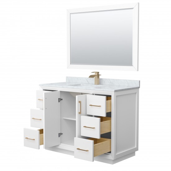 Strada 48" Single Vanity in White, Marble Top, Sink, Bronze Trim, 46" Mirror