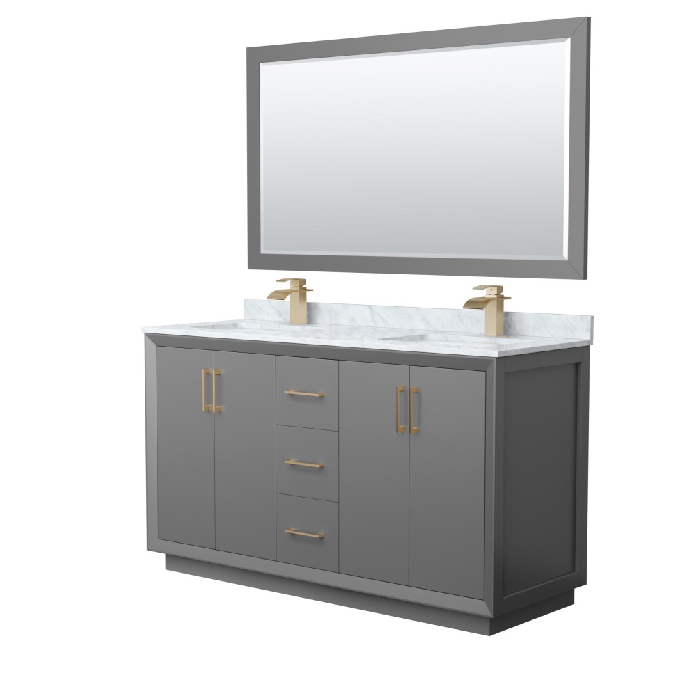 Strada 60" Double Vanity in Gray, Marble Top, Sink, Bronze Trim, 58" Mirror