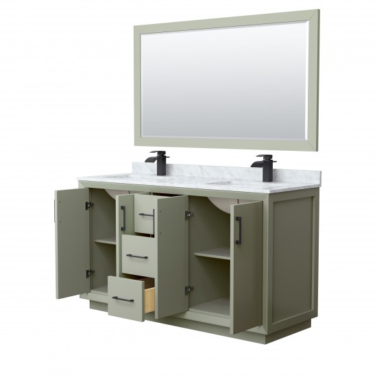 Strada 60" Double Vanity in Green, Marble Top, Sinks, Black Trim, 58" Mirror