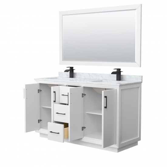 Strada 60" Double Vanity in White, Marble Top, Sink, Black Trim, 58" Mirror