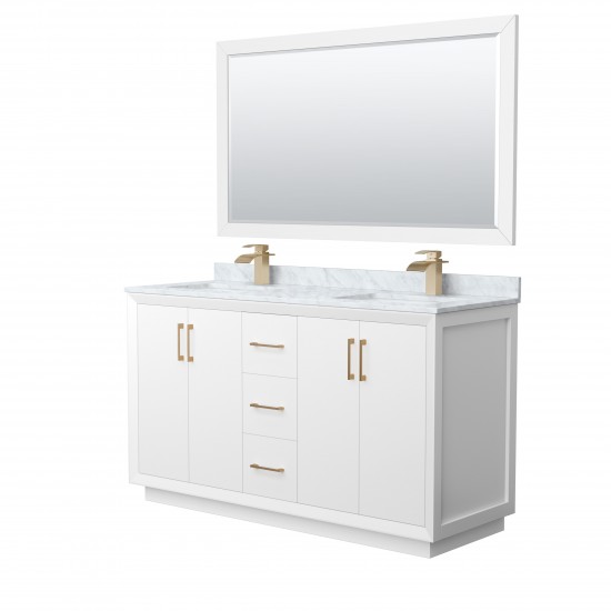 Strada 60" Double Vanity in White, Marble Top, Sink, Bronze Trim, 58" Mirror