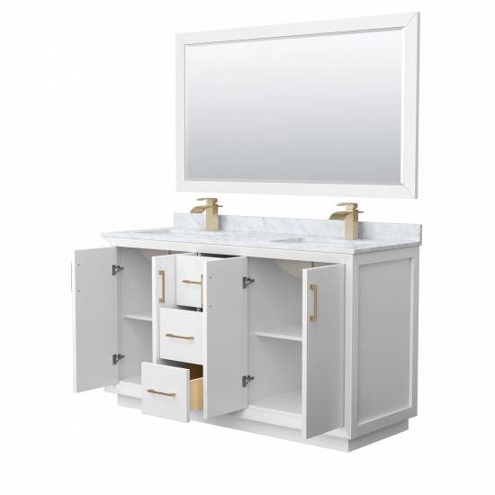 Strada 60" Double Vanity in White, Marble Top, Sink, Bronze Trim, 58" Mirror