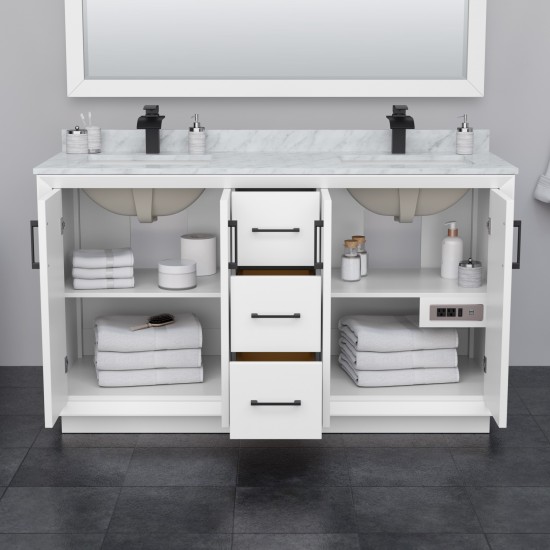 Strada 60" Double Vanity in White, Marble Top, Sink, Bronze Trim, 58" Mirror
