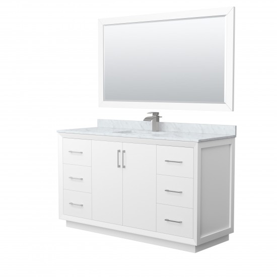 Strada 60" Single Vanity in White, Marble Top, Sink, Nickel Trim, 58" Mirror