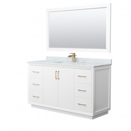 Strada 60" Single Vanity in White, Marble Top, Sink, Bronze Trim, 58" Mirror