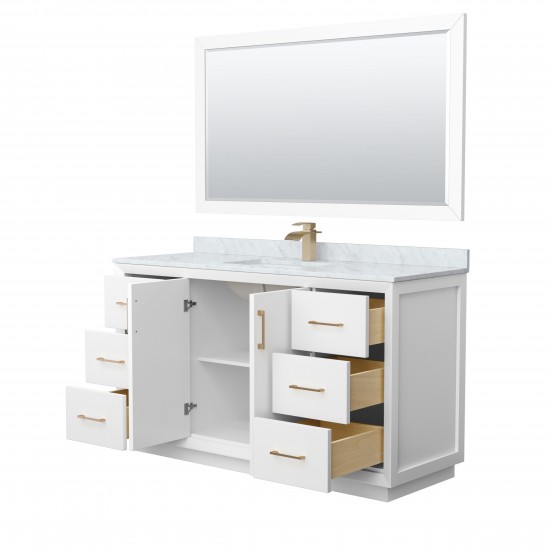 Strada 60" Single Vanity in White, Marble Top, Sink, Bronze Trim, 58" Mirror