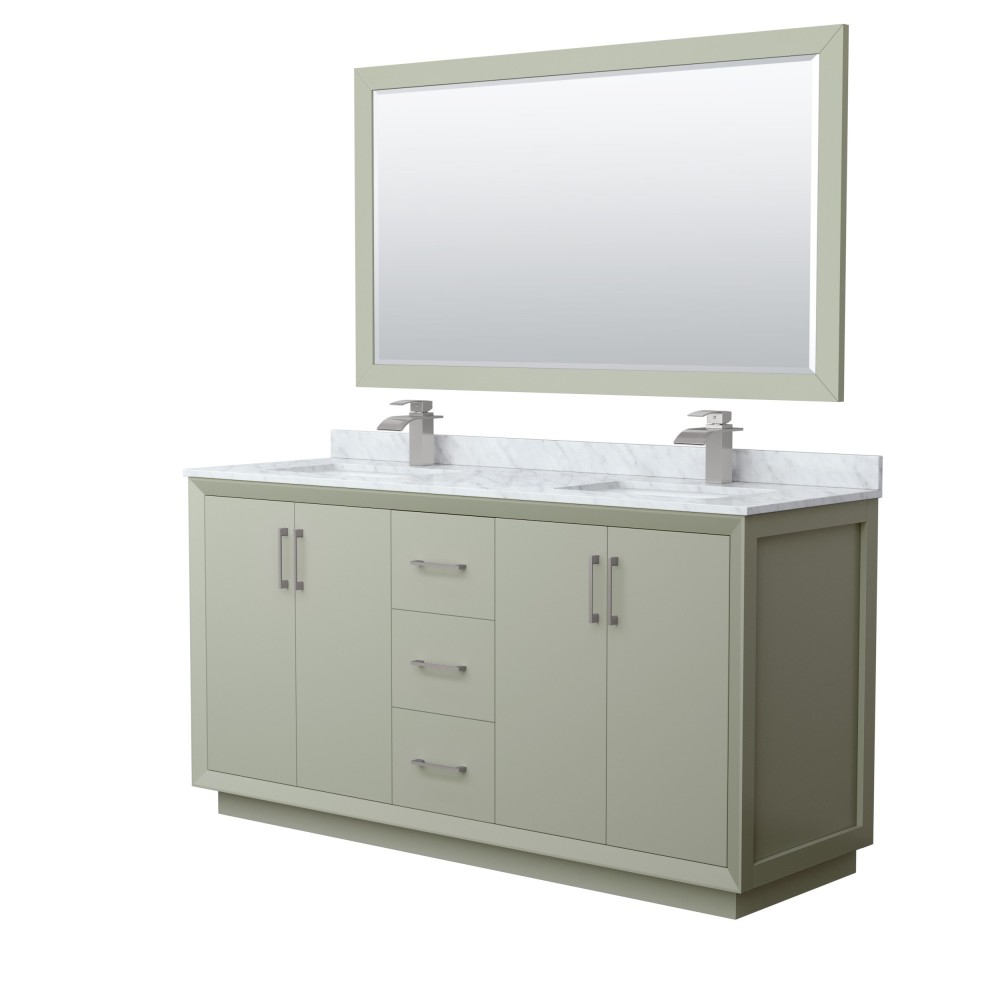 Strada 66" Double Vanity in Green, Marble Top, Sinks, Nickel Trim, 58" Mirror Strada 66" Double Vanity in Green, Marble Top, Sinks, Nickel Trim, 58" Mirror