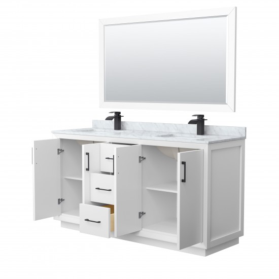 Strada 66" Double Vanity in White, Marble Top, Sink, Black Trim, 58" Mirror