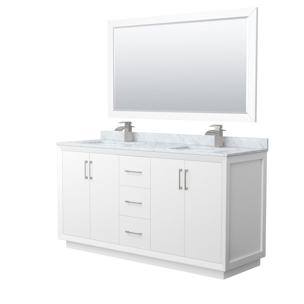 Strada 66" Double Vanity in White, Marble Top, Sink, Nickel Trim, 58" Mirror