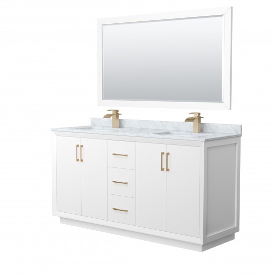 Strada 66" Double Vanity in White, Marble Top, Sink, Bronze Trim, 58" Mirror