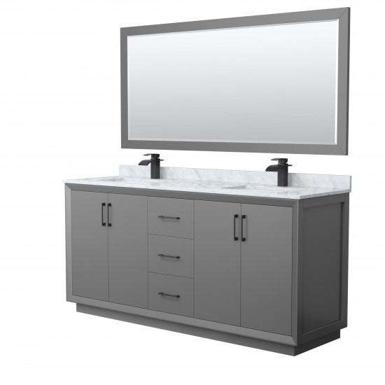 Strada 72" Double Vanity in Gray, Marble Top, Sink, Black Trim, 70" Mirror