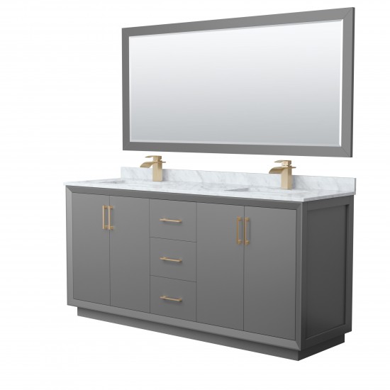 Strada 72" Double Vanity in Gray, Marble Top, Sink, Bronze Trim, 70" Mirror