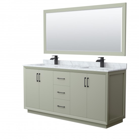 Strada 72" Double Vanity in Green, Marble Top, Sinks, Black Trim, 70" Mirror