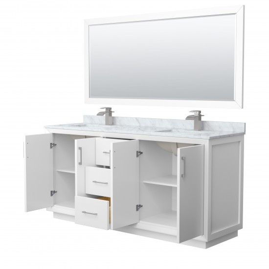 Strada 72" Double Vanity in White, Marble Top, Sink, Nickel Trim, 70" Mirror