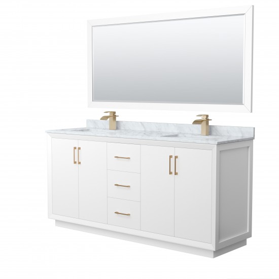 Strada 72" Double Vanity in White, Marble Top, Sink, Bronze Trim, 70" Mirror