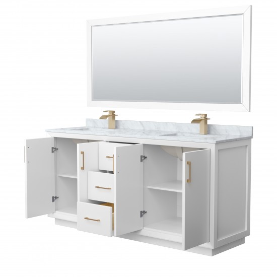 Strada 72" Double Vanity in White, Marble Top, Sink, Bronze Trim, 70" Mirror