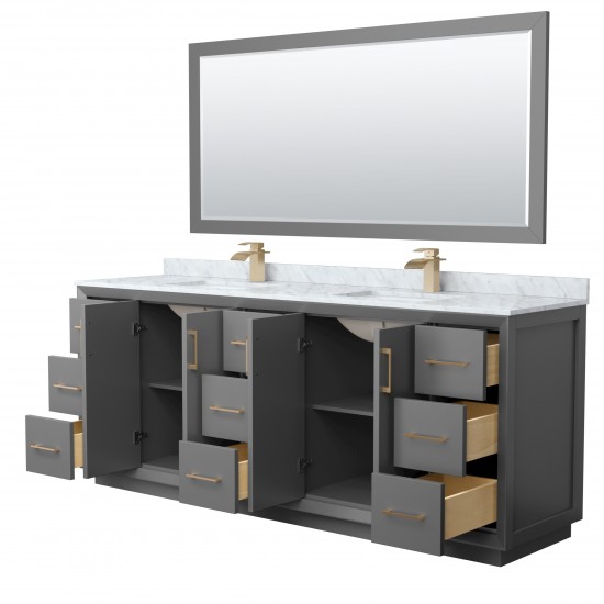 Strada 84" Double Vanity in Gray, Marble Top, Sink, Bronze Trim, 70" Mirror