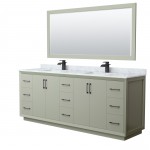 Strada 84" Double Vanity in Green, Marble Top, Sinks, Black Trim, 70" Mirror