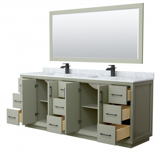 Strada 84" Double Vanity in Green, Marble Top, Sinks, Black Trim, 70" Mirror