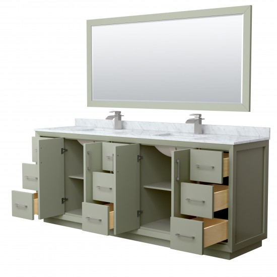 Strada 84" Double Vanity in Green, Marble Top, Sinks, Nickel Trim, 70" Mirror