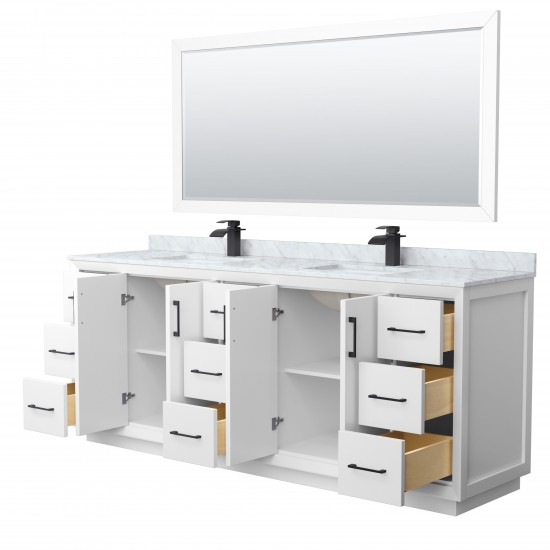 Strada 84" Double Vanity in White, Marble Top, Sink, Black Trim, 70" Mirror