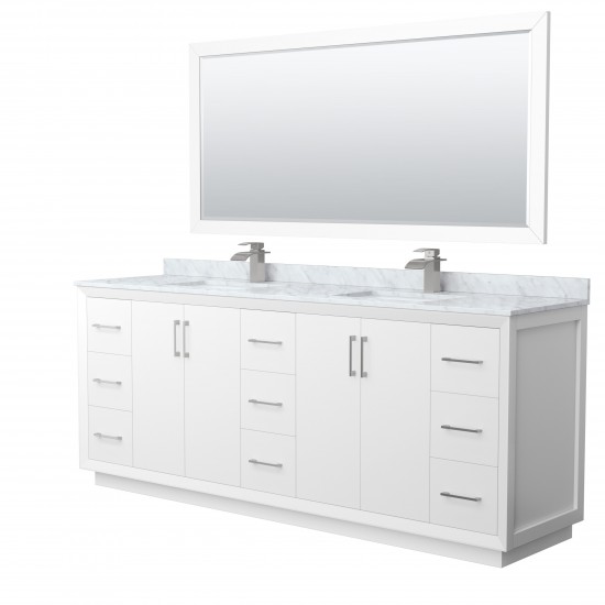 Strada 84" Double Vanity in White, Marble Top, Sink, Nickel Trim, 70" Mirror