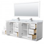 Strada 84" Double Vanity in White, Marble Top, Sink, Nickel Trim, 70" Mirror