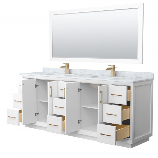 Strada 84" Double Vanity in White, Marble Top, Sink, Bronze Trim, 70" Mirror