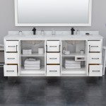 Strada 84" Double Vanity in White, Marble Top, Sink, Bronze Trim, 70" Mirror