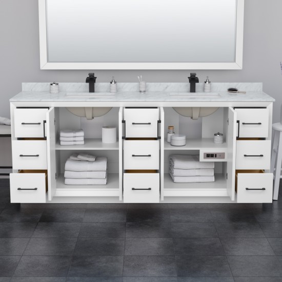 Strada 84" Double Vanity in White, Marble Top, Sink, Bronze Trim, 70" Mirror