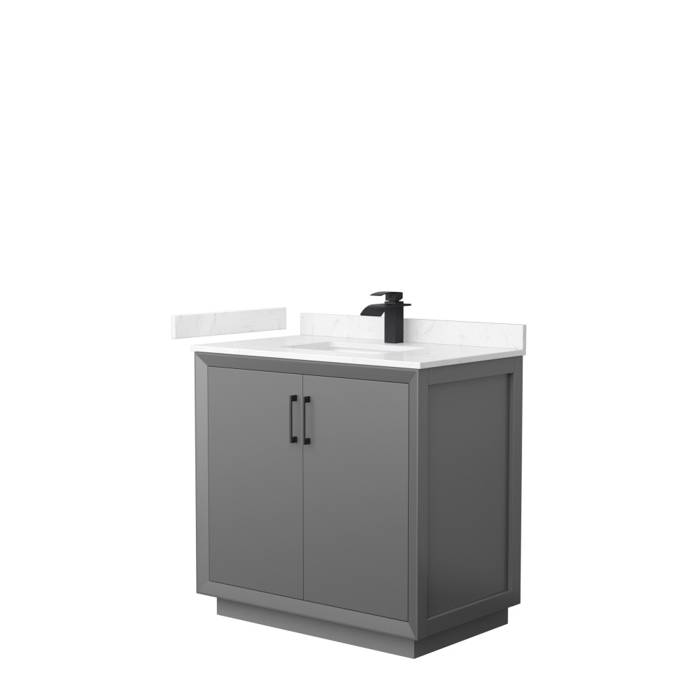 Strada 36" Single Vanity in Gray, Carrara Marble Top, Sink, Black Trim